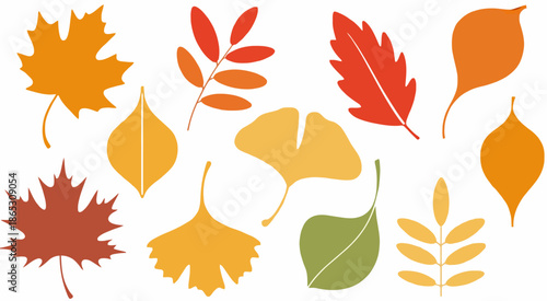Collection of stylized autumn leaves in warm orange red yellow and green colors leaf fall