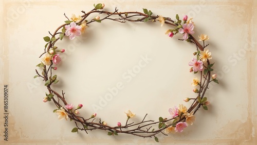 Wooden surface with spring blooms serving as a layout backdrop for seasonal messages
