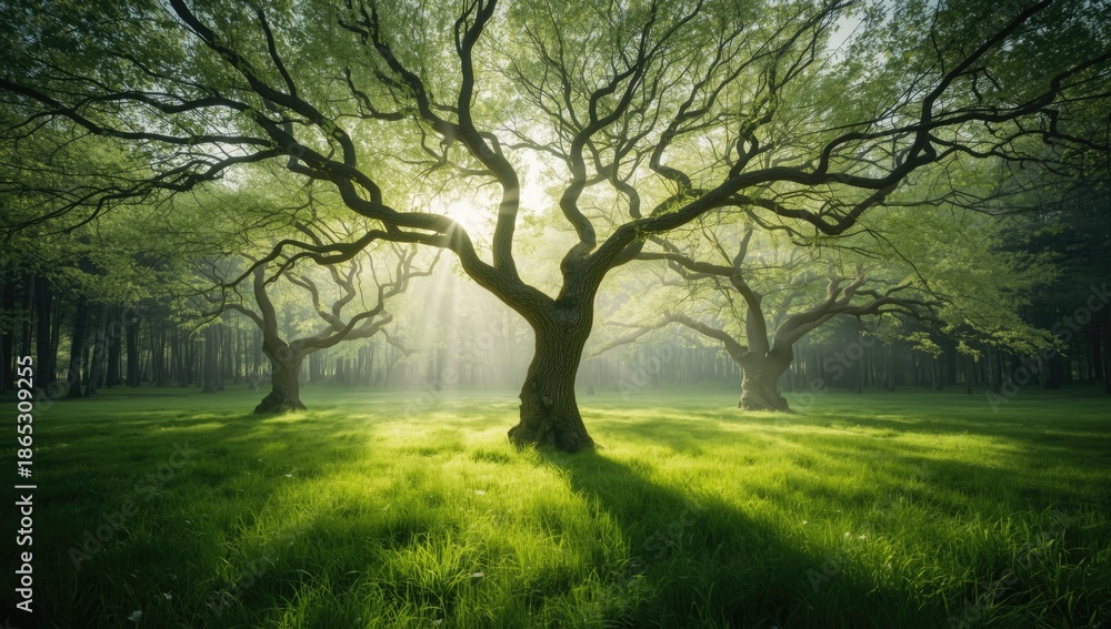 Obraz premium Sunlit forest with uniquely shaped trees appearing to dance, highlighting nature's artistry, World Forest Day