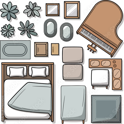 Top view bedroom layout illustration includes bed rug plants decor mirrors and grand piano for interior design planning