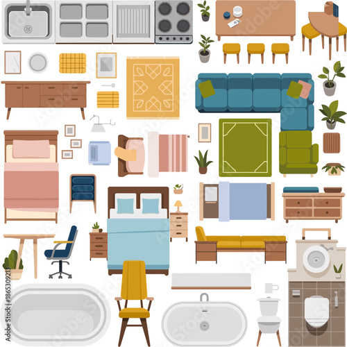 Top view bedroom layout illustration includes bed rug plants decor mirrors and grand piano for interior design planning