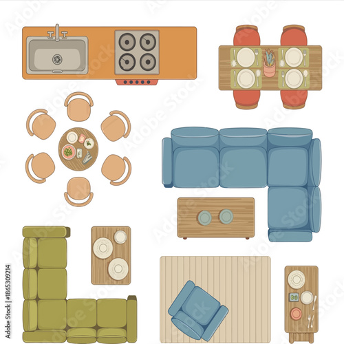 Top view bedroom layout illustration includes bed rug plants decor mirrors and grand piano for interior design planning