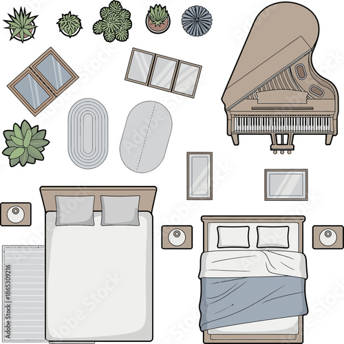 Top view bedroom layout illustration includes bed rug plants decor mirrors and grand piano for interior design planning