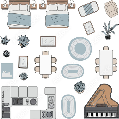 Top view bedroom layout illustration includes bed rug plants decor mirrors and grand piano for interior design planning