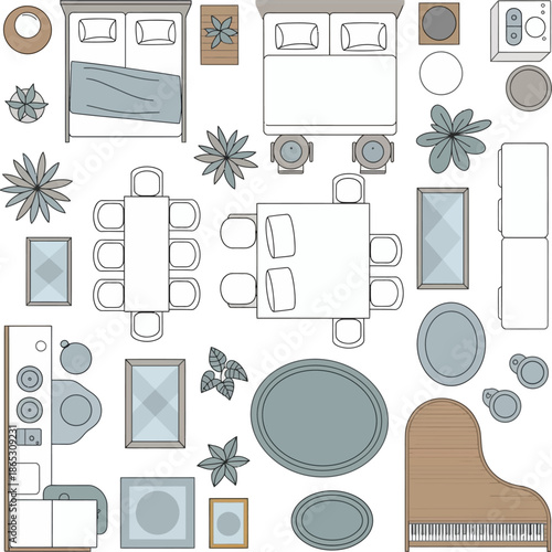 Top view bedroom layout illustration includes bed rug plants decor mirrors and grand piano for interior design planning