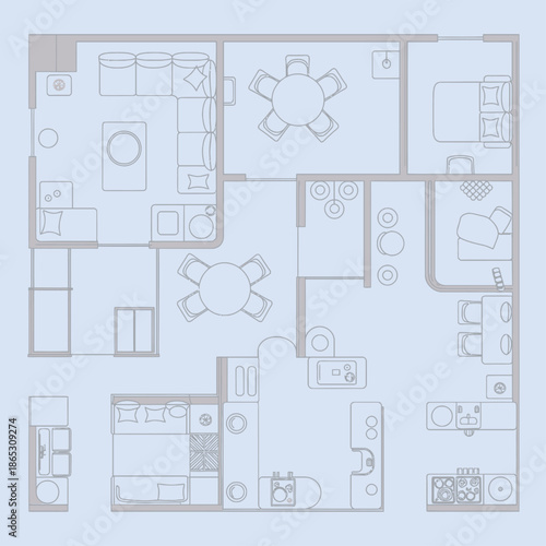 Top view bedroom layout illustration includes bed rug plants decor mirrors and grand piano for interior design planning