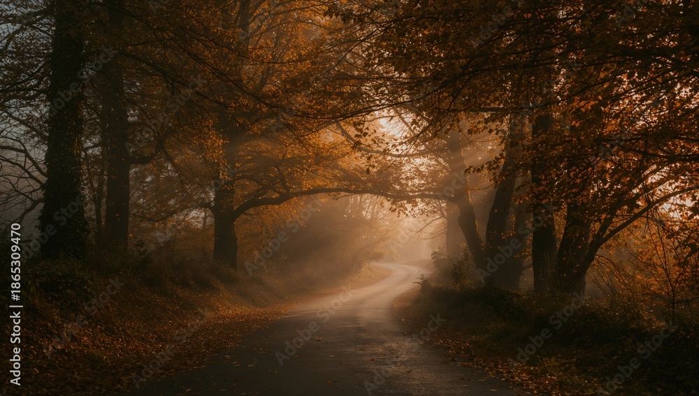 Obraz premium Serpentine rural road cloaked in fog with warm fall hues close to ancient hill fort, highlighting seasonal transition