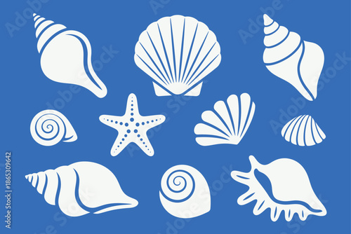 Collection of white seashell and starfish silhouettes a blue background conch scallop