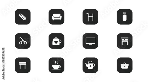 Collection of flat design household items, furniture, and daily object icons. Set of minimalist black and white essential domestic glyphs.