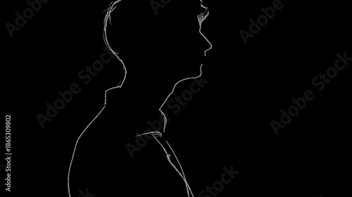 Striking white outline silhouette of a contemplative person in profile against a deep black background, minimalist graphic art.