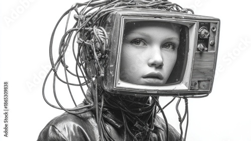 Futuristic fashion blend with vintage technology creates a striking visual commentary on media influence and identity