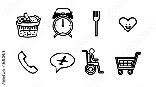 Diverse doodle line icon set featuring food, time, travel, accessibility, communication, and shopping elements.