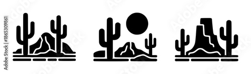 Desert landscape with saguaro cacti and mountains in silhouette cactus
