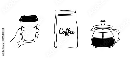 Hand holding disposable coffee cup next to coffee bag and glass teapot with coffee