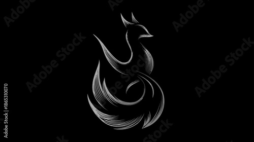 Minimalist White Line Art Fox Illustration on Black Background. Elegant, Modern, Stylized Animal Graphic Design.