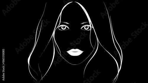 Striking minimalist outline portrait of a mysterious woman's face. Digital illustration with elegant white lines on a dark background.