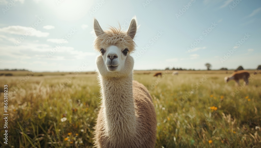 Obraz premium Curious suri alpaca with silky long wool standing in a vibrant pasture, highlighting fiber density and outdoor setting
