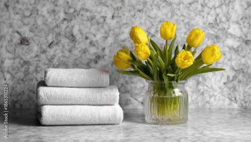 Stacked white towels sit beside yellow tulips in a glass vase.