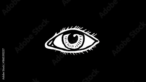 Minimalist White Hand-Drawn Eye Illustration on Black Background, Artistic Sketch Representing Vision, Insight, and Perception
