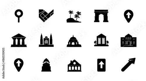 Set of black silhouette icons for travel, navigation, location, and architecture. Includes map pins, landmarks, buildings, and directional arrows.