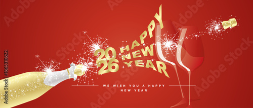 We wish you Happy New Year 2026 eve white firework shape golden tipography with sparkler fireworks open champagne bottle glasses golden flying cork red background greeting card