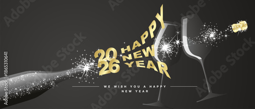 We wish you Happy New Year 2026 eve white firework shape golden typography with sparkler fireworks open champagne bottle glasses  golden flying cork black background greeting card