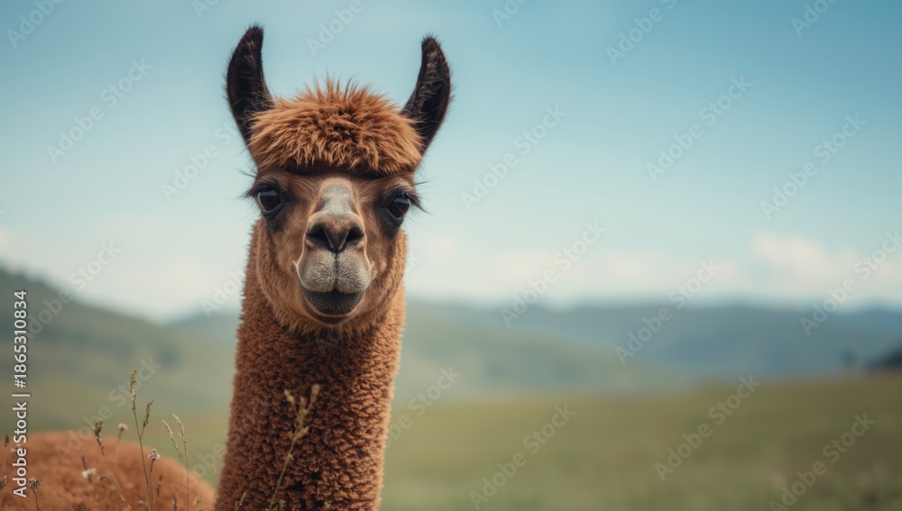 Obraz premium Detailed shot of a brown llama or alpaca head, focusing on fur pattern and facial features, for animal recognition