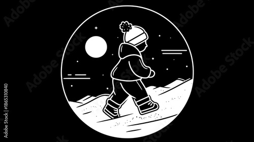 Cute child walking in snow at night, black and white vector illustration. Kid in winter clothes under moon and stars on snowy hill.