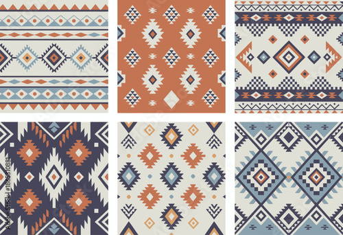 Seamless geometric patterns in southwestern tribal style with diamond and zigzag motifs in terracotta blue and cream