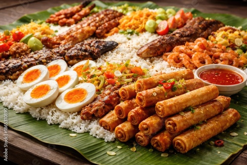 Assorted boodle fight dishes featuring lumpiang Shanghai and salted egg in a profile shot