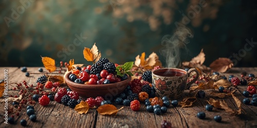 Wallpaper Mural Vintage wooden table laden with berries and leaves, harvest setting for herbal tea, autumn nature background Torontodigital.ca