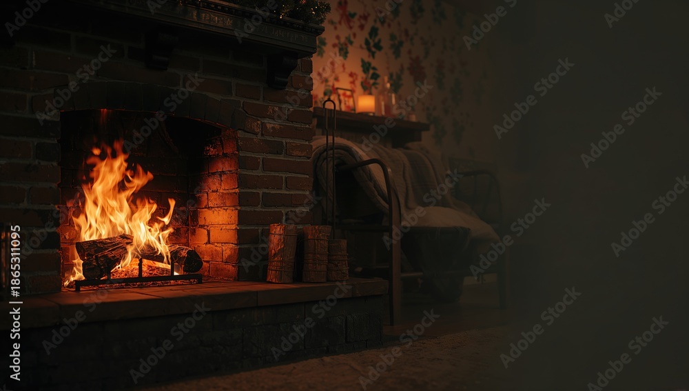 Fototapeta premium A home fireplace with burning logs providing heat and ambiance during colder months