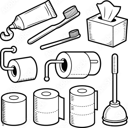 Bathroom hygiene icons illustrate toothpaste toothbrush tissues toilet paper rolls and plunger for daily personal care routines