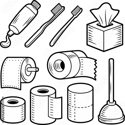Bathroom hygiene icons illustrate toothpaste toothbrush tissues toilet paper rolls and plunger for daily personal care routines