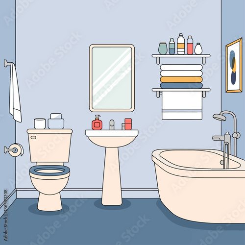 Clean bathroom interior illustration featuring toilet sink mirror shelves and accessories in a modern organized hygienic space