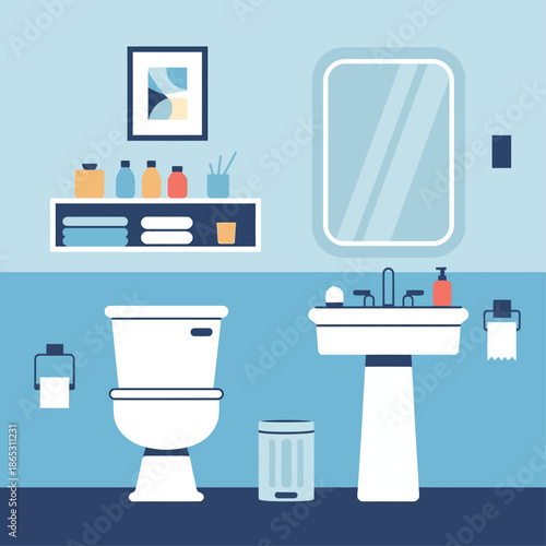 Clean bathroom interior illustration featuring toilet sink mirror shelves and accessories in a modern organized hygienic space