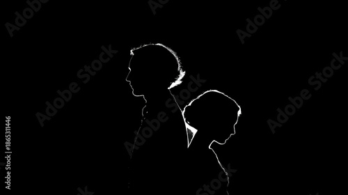 Dramatic backlit silhouettes of two people, a man and a woman, with backs turned on a dark background, symbolizing separation and distance.