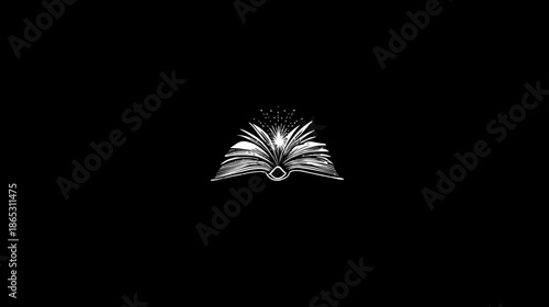 Mystical open book icon with radiant light, symbolizing knowledge, wisdom, education, learning, magic, and fantasy on black.