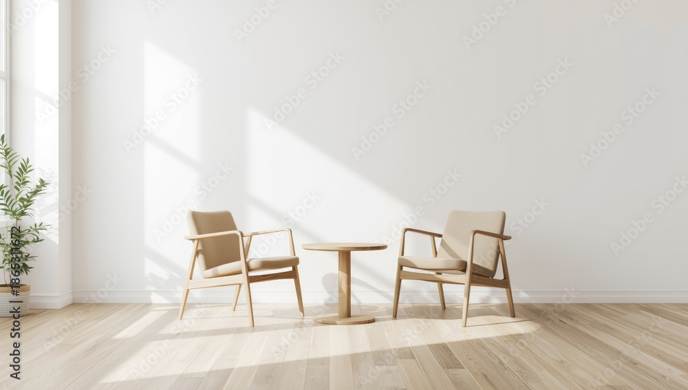 Fototapeta premium Interior scene with oak chairs against a white wall reflecting natural light, highlighting Scandinavian design principles, furniture arrangement