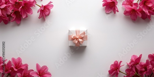 Wallpaper Mural Gift box with a ribbon and pink azalea flowers on a white backdrop, designed for greeting cards and special occasions Torontodigital.ca