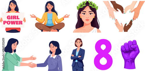 Illustrations celebrating women's empowerment, diversity, and International Women's Day, featuring various symbols of strength, unity, and female achievement.