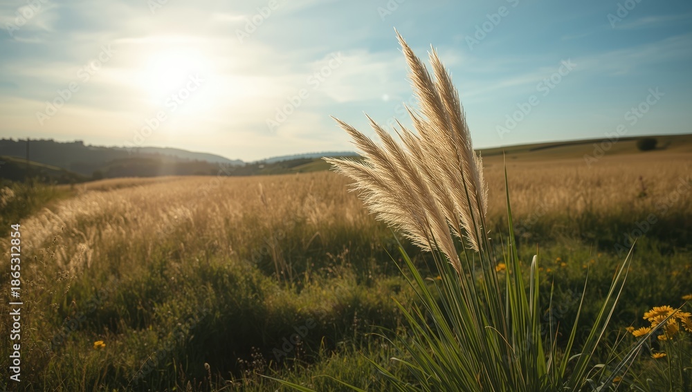 Fototapeta premium Fountain grass standing tall in an open field, highlighting erosion concerns during seasonal shifts
