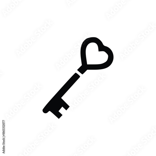 A black silhouette of a vintage key with a heart-shaped bow, symbolizing love and security on a white background.