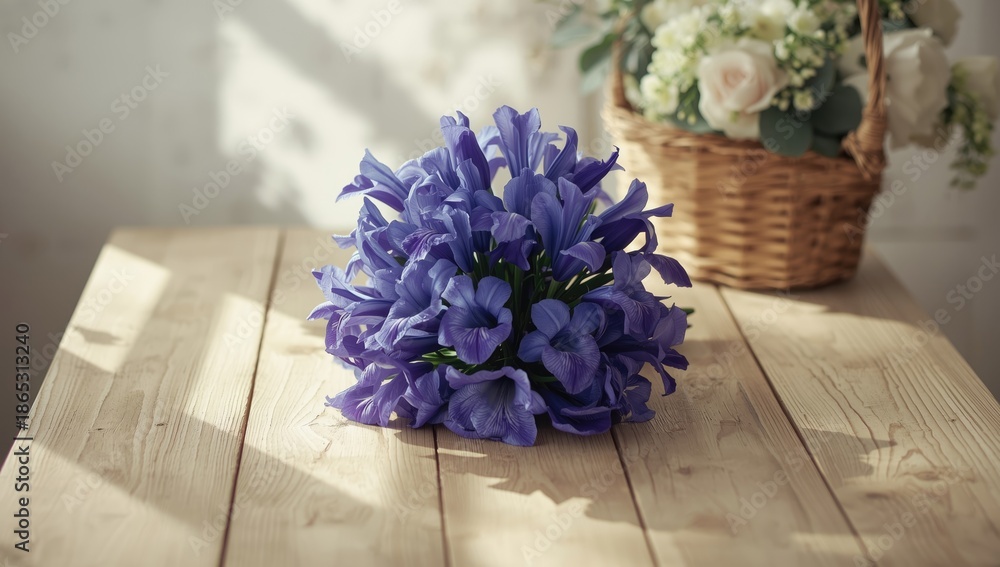 Obraz premium Colorful iris flower bouquet placed on a light wooden background, designed for floral design layout