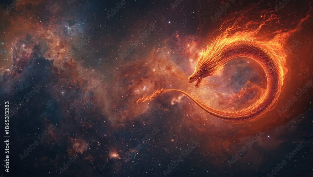 Fototapeta premium Cosmic dragon in space, illustrating mythical creature amidst stars, suitable for science fiction or fantasy backgrounds