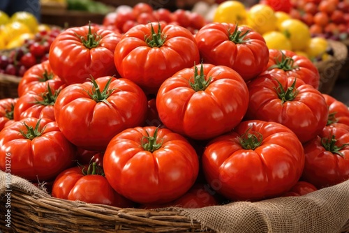 Close shot of firm Beefsteak tomatoes piled at a fruit vendor stall