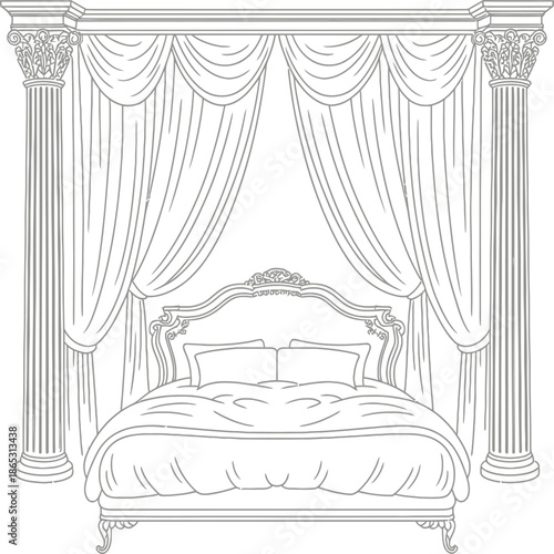 Elegant classical canopy bed line illustration with curtains columns and ornate details symbolizing luxury comfort romance and refined interior style