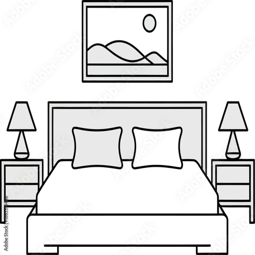 Minimal line art bedroom icon shows bed nightstands lamps and wall art representing modern interior design