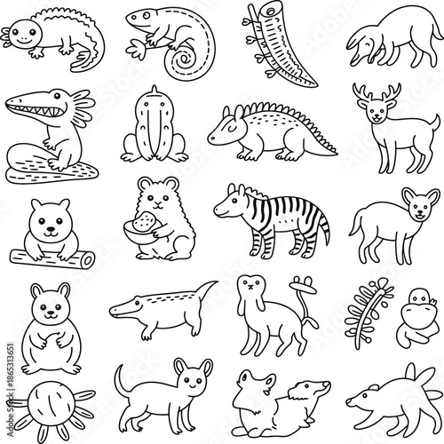 Cute hand drawn animal doodles show various wildlife pets and creatures in playful minimal cartoon illustration style