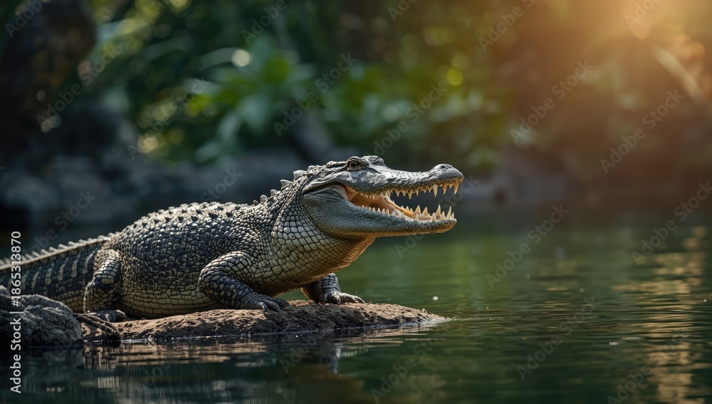Obraz premium Crocodile habitat with stone enclosures and farm environment, highlighting wildlife preservation